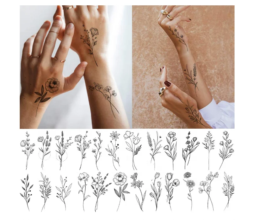 15 Sheets Tiny Branch Black Flower Temporary Tattoos For Women Girl Floral Bouquet Small Tattoo Temporary