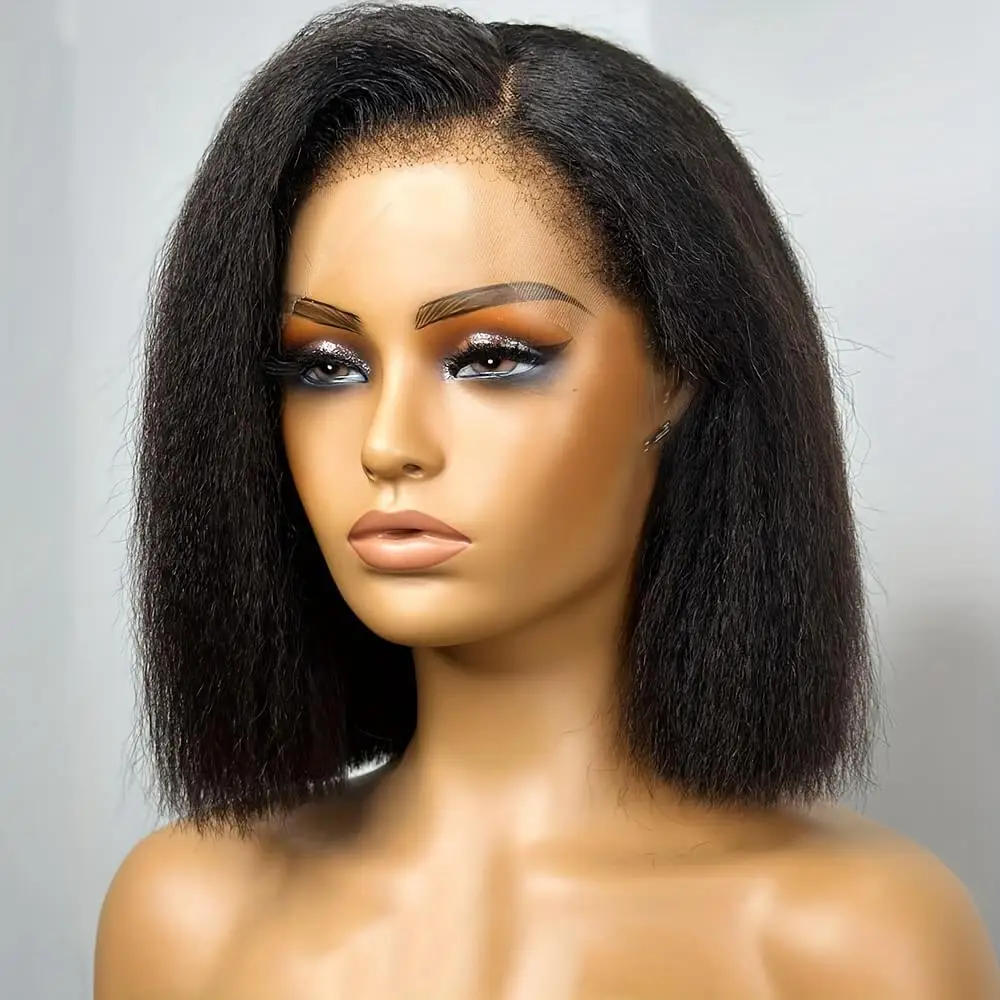 Kinky Straight Human Hair Wigs 10 Inch Yaki Straight Bob Wig 100% Human Hair Lace Front Wigs
