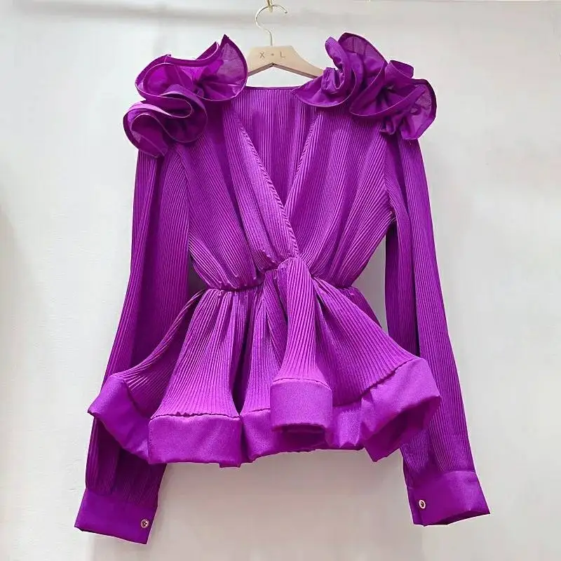 Spring New Flower Elegant Shirt Women Retro V-neck Sexy Design Cinched Pleated Blouses Female Chiffon Shirt Top