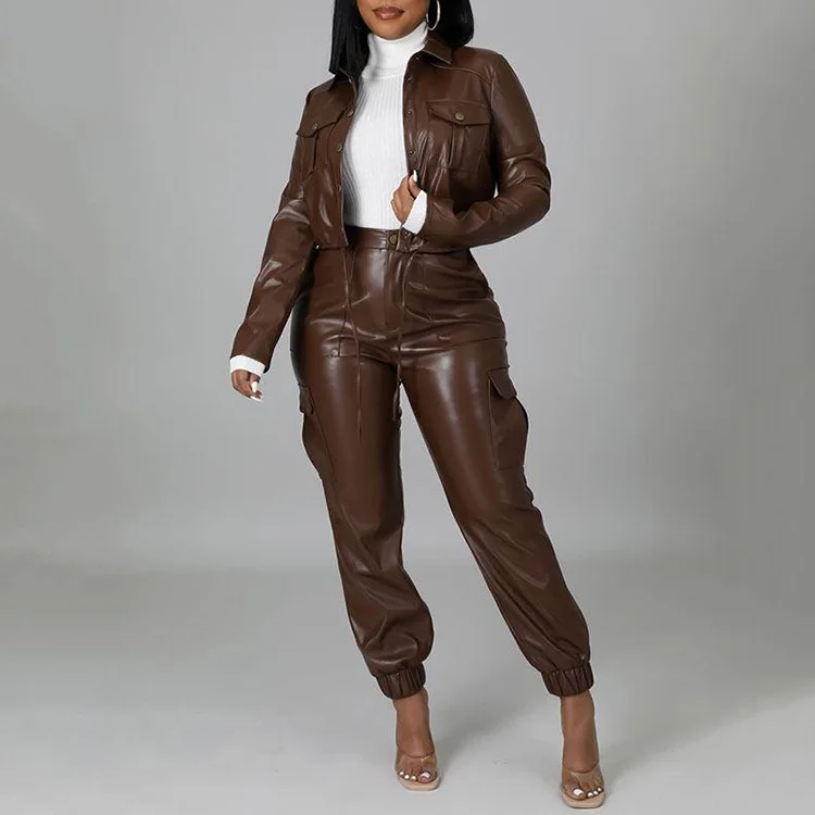Women Fashion Pu Leather Jacket Set Long Sleeve Jacket Tops &Jogger Pants Two Piece Outfits Set