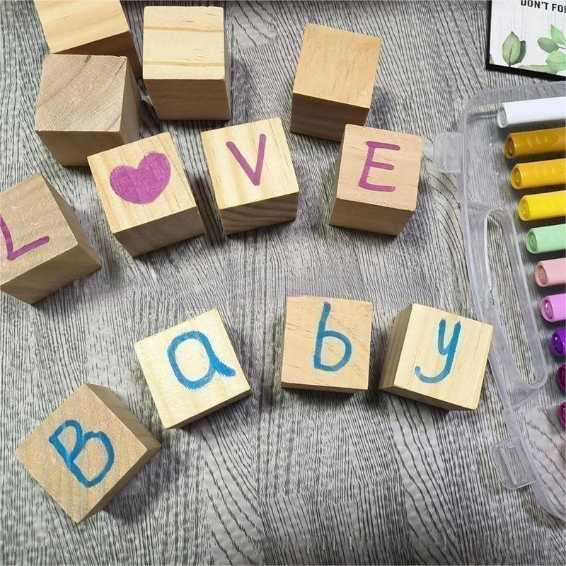 Natural Solid Wood Square Building Blocks Cube with Paint Set DIY Indoor Toys for Children