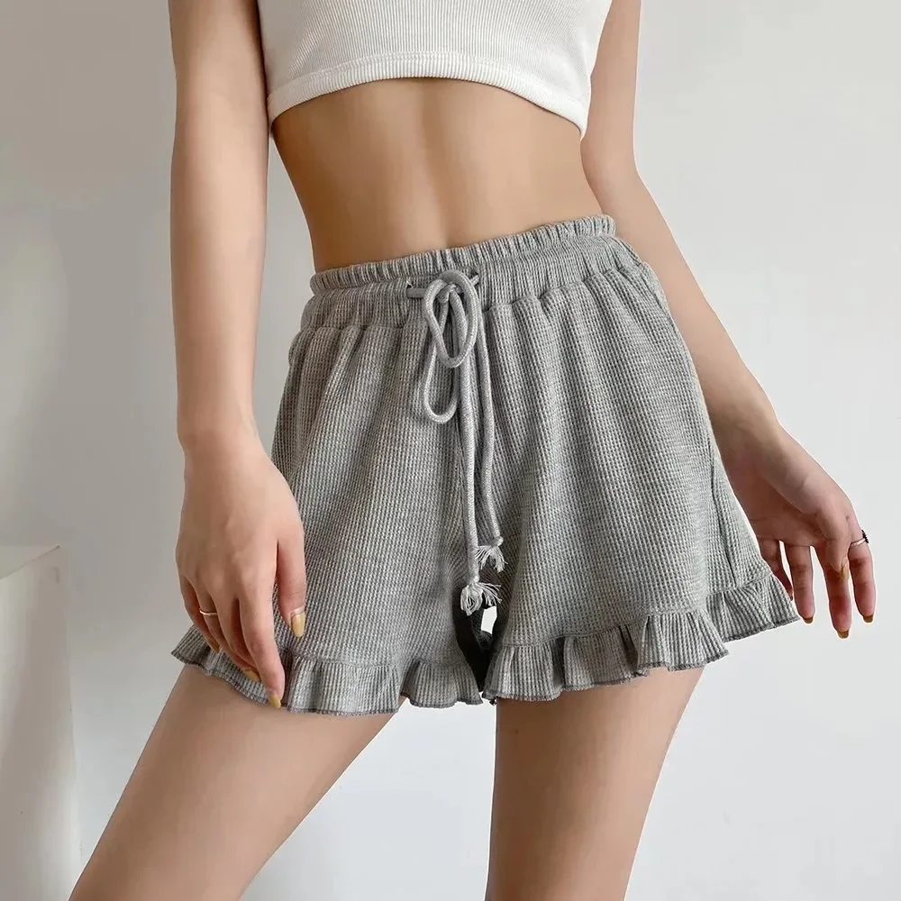 2024 Summer Women Waffle Shorts Solid Color Female High Waist Drawstring Short Pants Casual Loose Ladies Ruffles Wide Leg Shorts