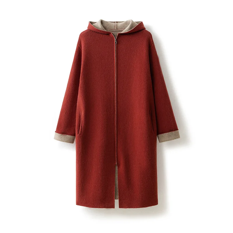 Women Casual Plain Knit Zip Cashmere Long Cardigan Hoodie