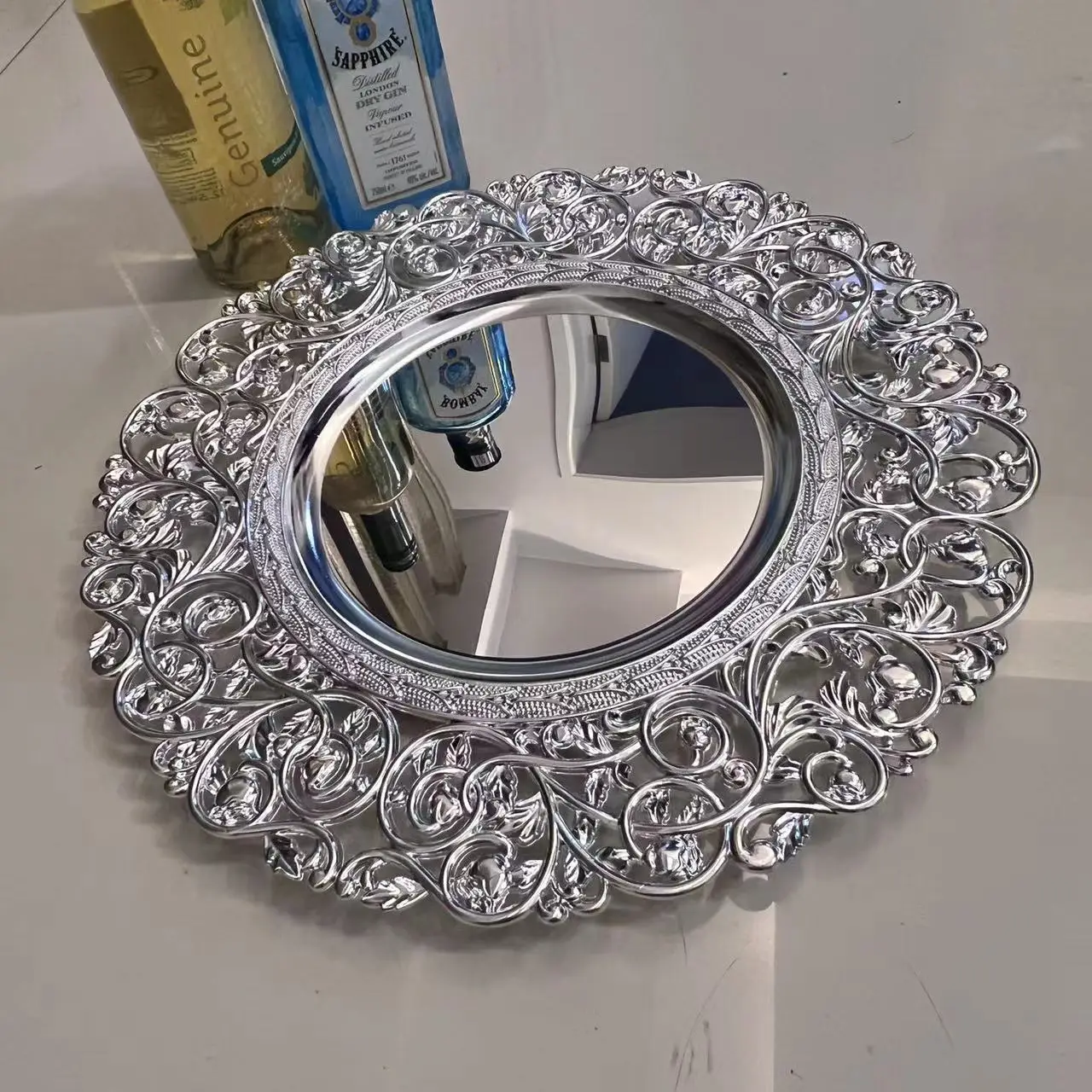 2023 new luxury round 37cm  decorative mirror underplate wide gold silver rim wedding dinner charger plates