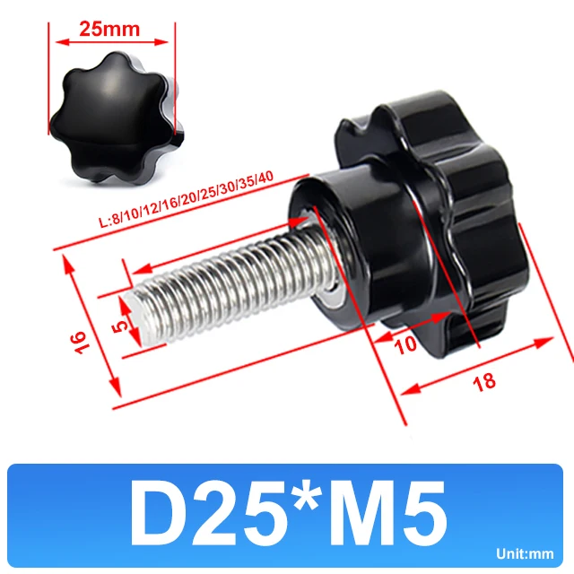 Bakelite star screw head handle plum handle plastic knob stainless steel thumb bolt hand twist screw M5 with base diameter 25mm