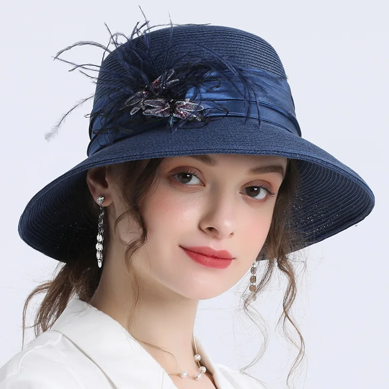 Wholesale Ladies Women Party Wedding For Elegant Feather Large Flower  wide brim Fascinator Sinamay Church Hat