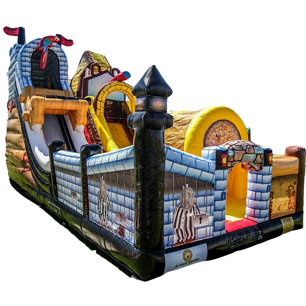 Giant Kingdom Inflatable Obstacle Course Slide Combo Boat Jumping Bouncy Castle Inflatable Pirate Ship Slide For Sale