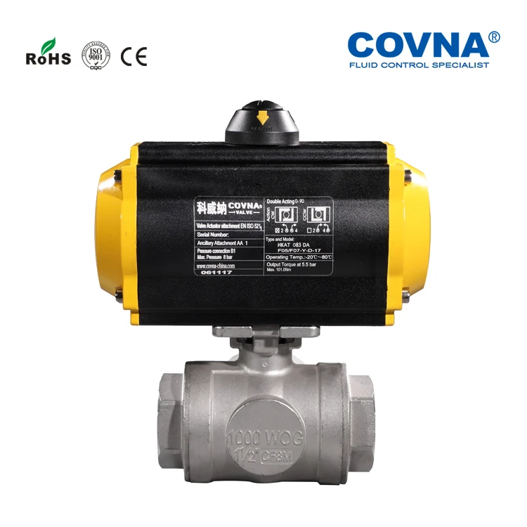 COVNA Actuator Valves Single or Double Acting DN50 Stainless steel Pneumatic Actuated 3 Way Threaded Ball Valve