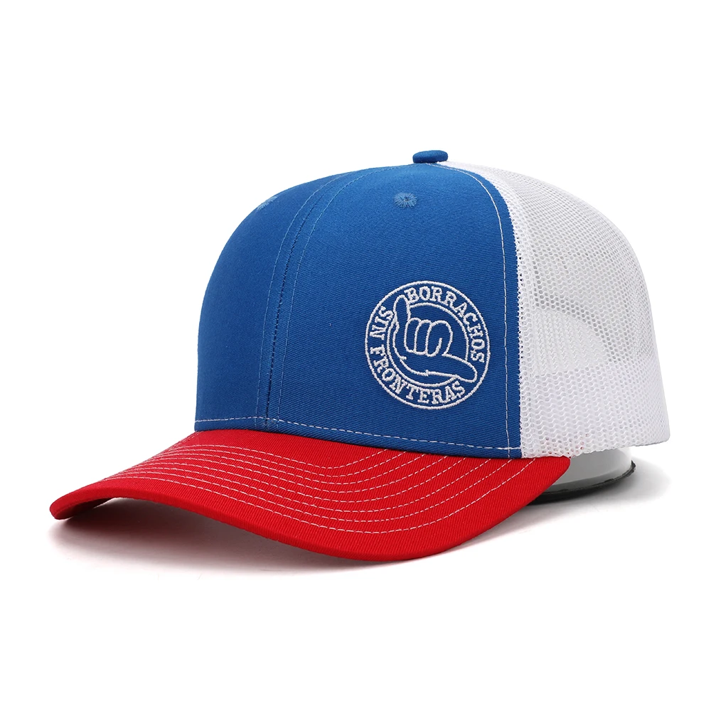 Wholesale Custom High Quality 6 Panel Cotton Twill Royal Blue American Flag Embroidery Patch Mesh Snap Back Trucker Caps Hat
