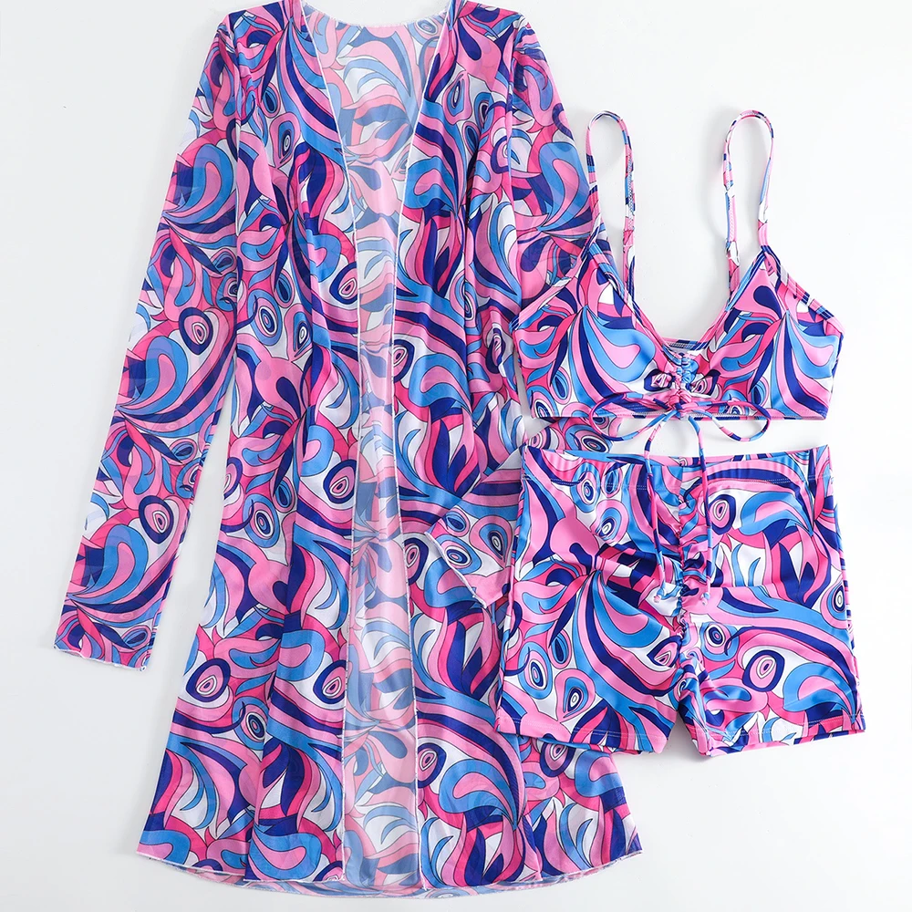 New arrivals Sexy 3 piece Bikini Set Long Sleeve Floral Print swimwear women 2022 sexy see-through bikini swimwear  for kids