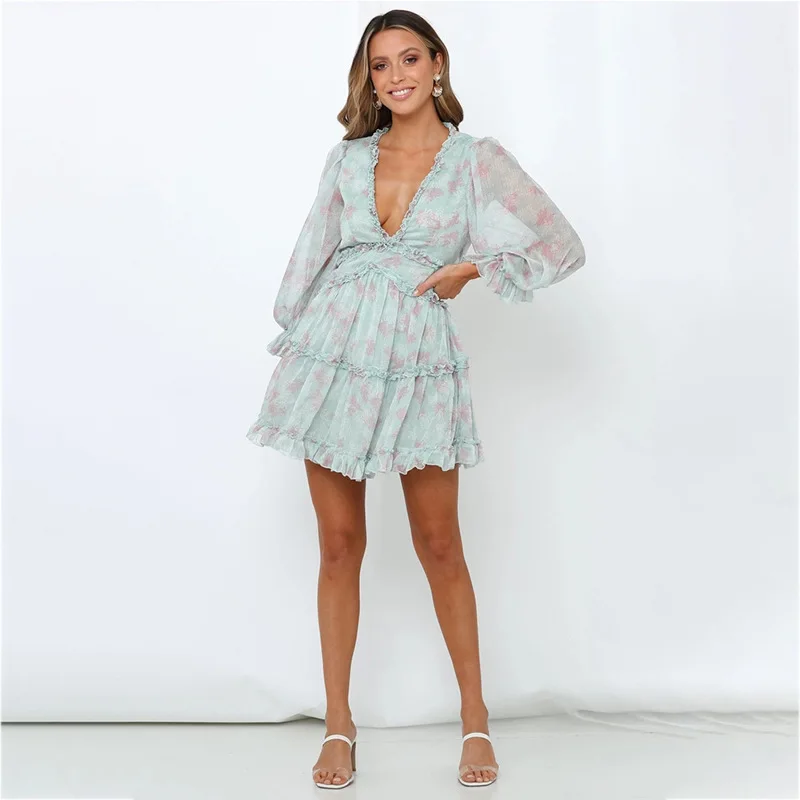 Womens Spring Summer Long Sleeve Deep V Neck Ruffle Long Sleeve Floral Print Mini casual Dress women