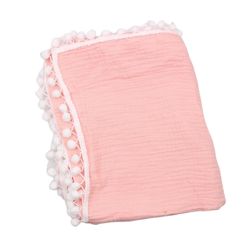 Wholesale High quality super soft pompon cotton muslin blankets baby swaddling blanket for newborn