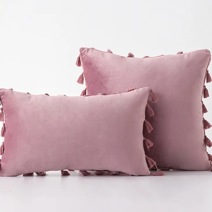 Wholesale Tassels Fringe Lumbar Throw Velvet Pillowcase Pillow Cushion Covers Cases 18 X 18 Inch Zipper Design