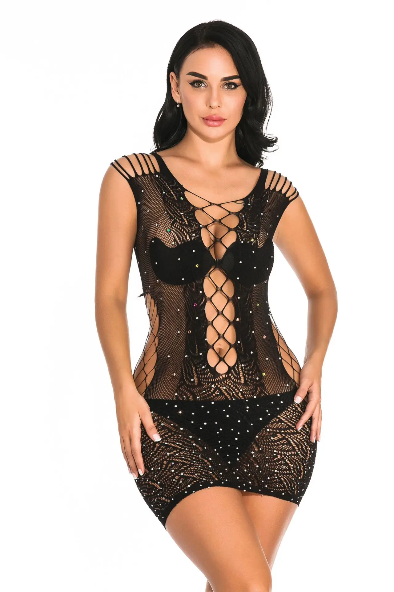 Sexy Women Mesh Transparent Bodystocking Lingerie Diamonds Sparkle Rhinestone Club Party Tight Fishnet Female Bodysuits