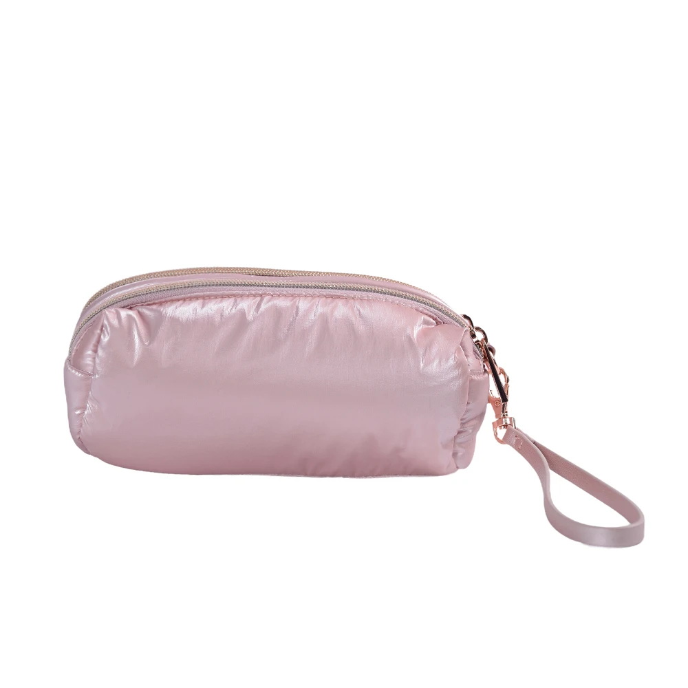 female small size handbag rose pink luxury color shining fabric zipper handbag 2 separate compartment metal buckle