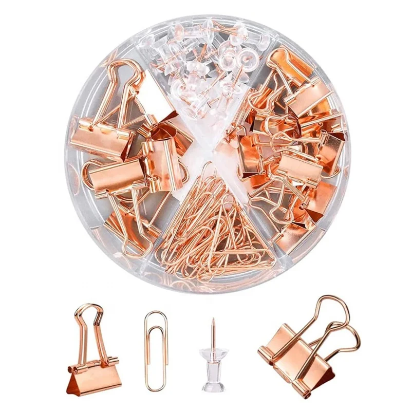 72Pcs Binder Clips Push Pins Paper Clips 4 Styles Office Supplies Set with Box for School Rose Gold
