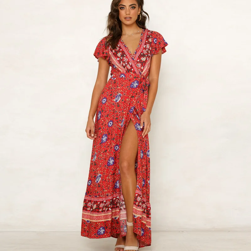 2022 Women Boho Casual Sexy Deep V Neck Short Sleeve Casual Bohemia Dress Floral Fall For Women summer