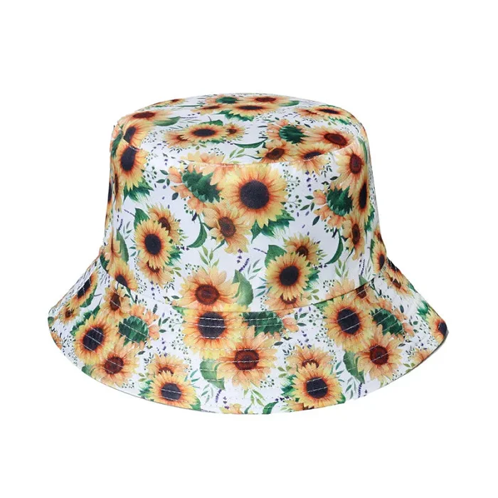 Black Summer Sunflower Print Reversible Fisherman Bucket Hats