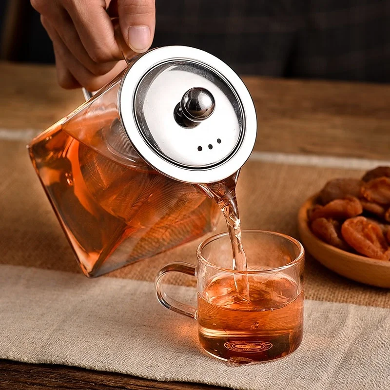 25OZ/750ml Lead-free Square Borosilicate Glass Teapot Blooming Loose Leaf Glass Tea Pot With Stainless Steel Infuser