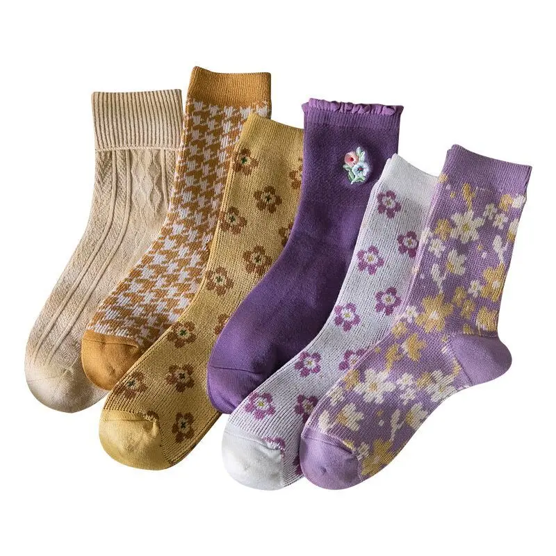 2020 Autumn winter new product female socks high quality double needle double path purple series floret 100% cotton femalemiddle