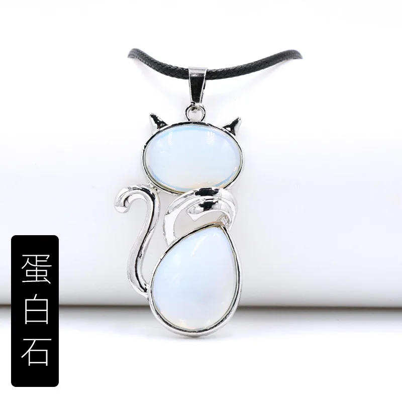 Natural Stone Pendant Cat Healing Crystal Necklace Animal Energy Chakra Amulet Handmade Jewelry For Women Girls