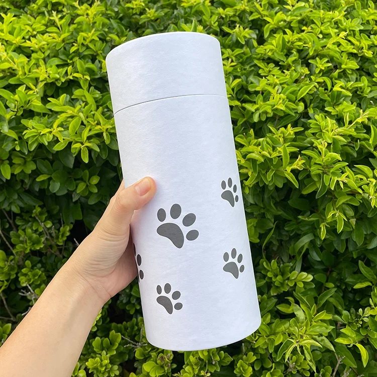 Biodegradable paper tube packaging cat paw printed pet urn cremation ashes animal coffin casket outdoor water river