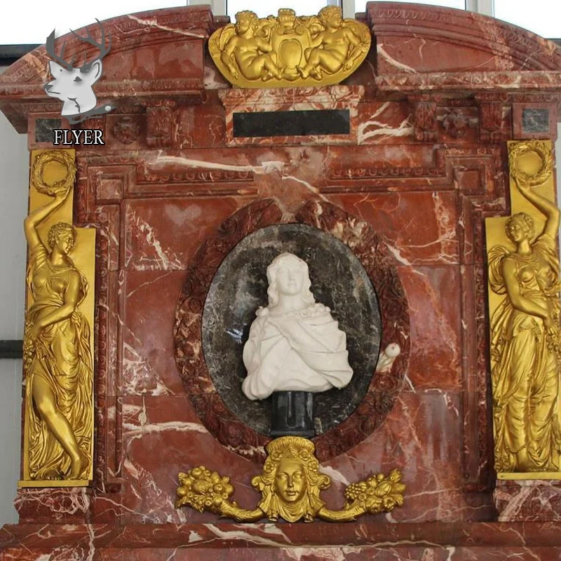 Natural Red Marble Fireplace Indoor Customized Handmade Cast Bronze Decoration Western Style Coral Red Marble Fireplace