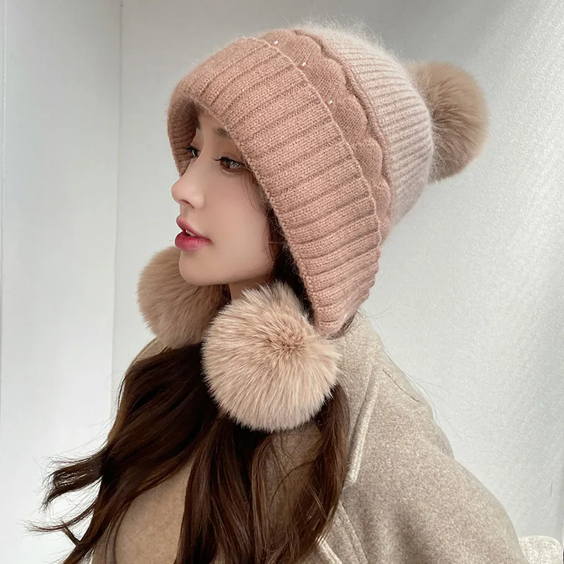 Warm Wool Ball Ear Protection Face Knitted Riding in Autumn and Winter Cold Proof Pullover Hats Korean Fashion
