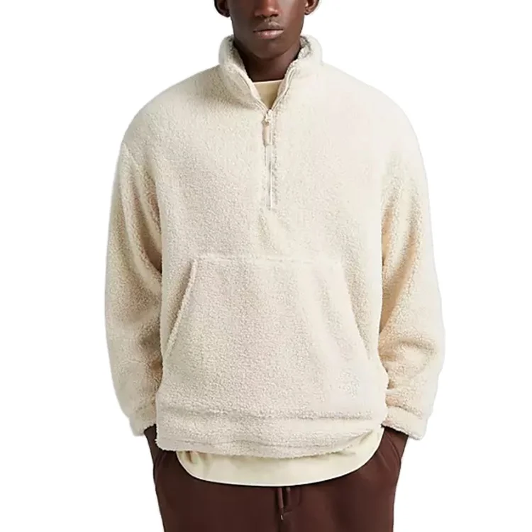 Decheng Oem Quarter Zip Putih Sweatshirt Beige Heavyweight Mens Sherpa Fleece Oversized Dropped Shoulder Pullover Hoodie