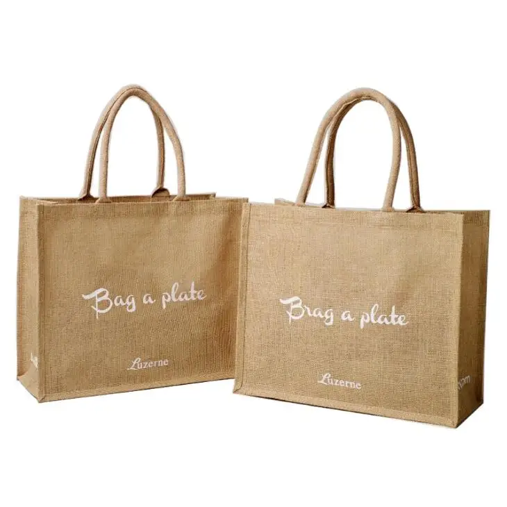 Burlap Tote Bags Custom Jute Shopping Bag  with cotton woven handle