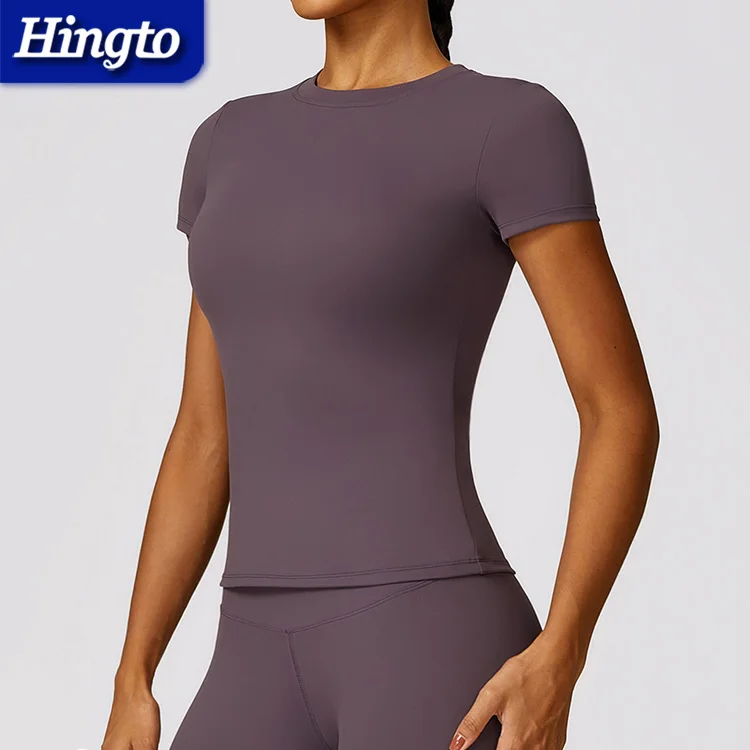 Women Training Fitness Sports Crop Tops Compressed Short Sleeve Yoga Tshirt High Round Neck Tight Blank Skinny Tshirts For Women