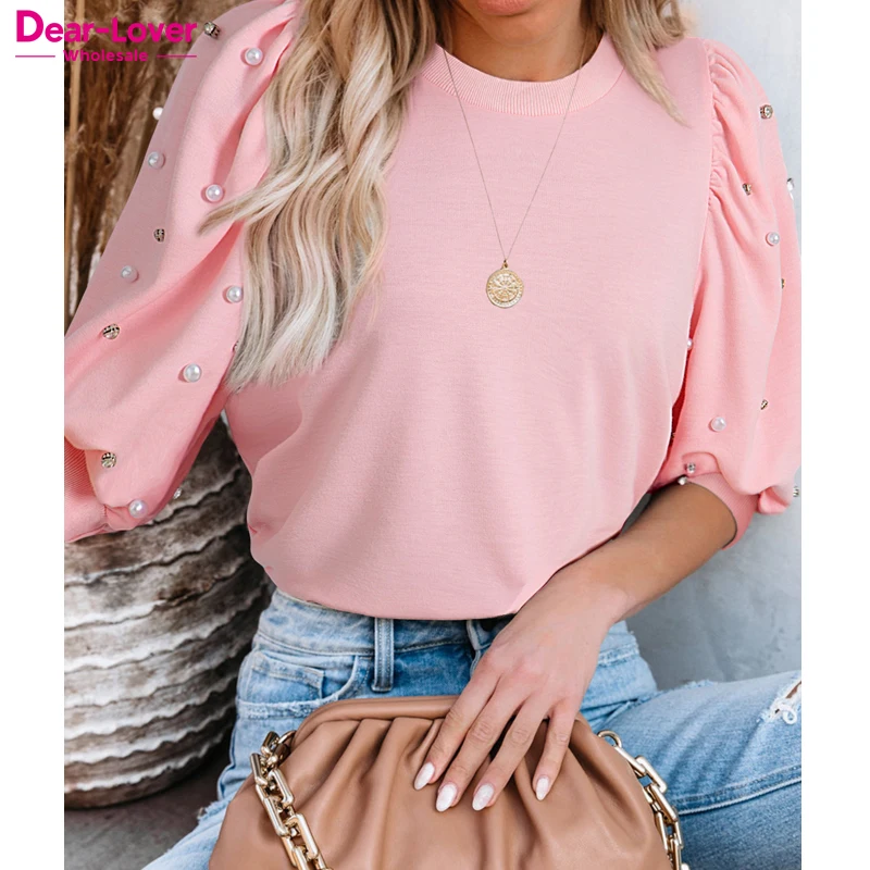 Dear-Lover Wholesale Fast Shipping Fashion New Summer Puff Sleeve Rhinestone Pearl Blouses Elegant Women