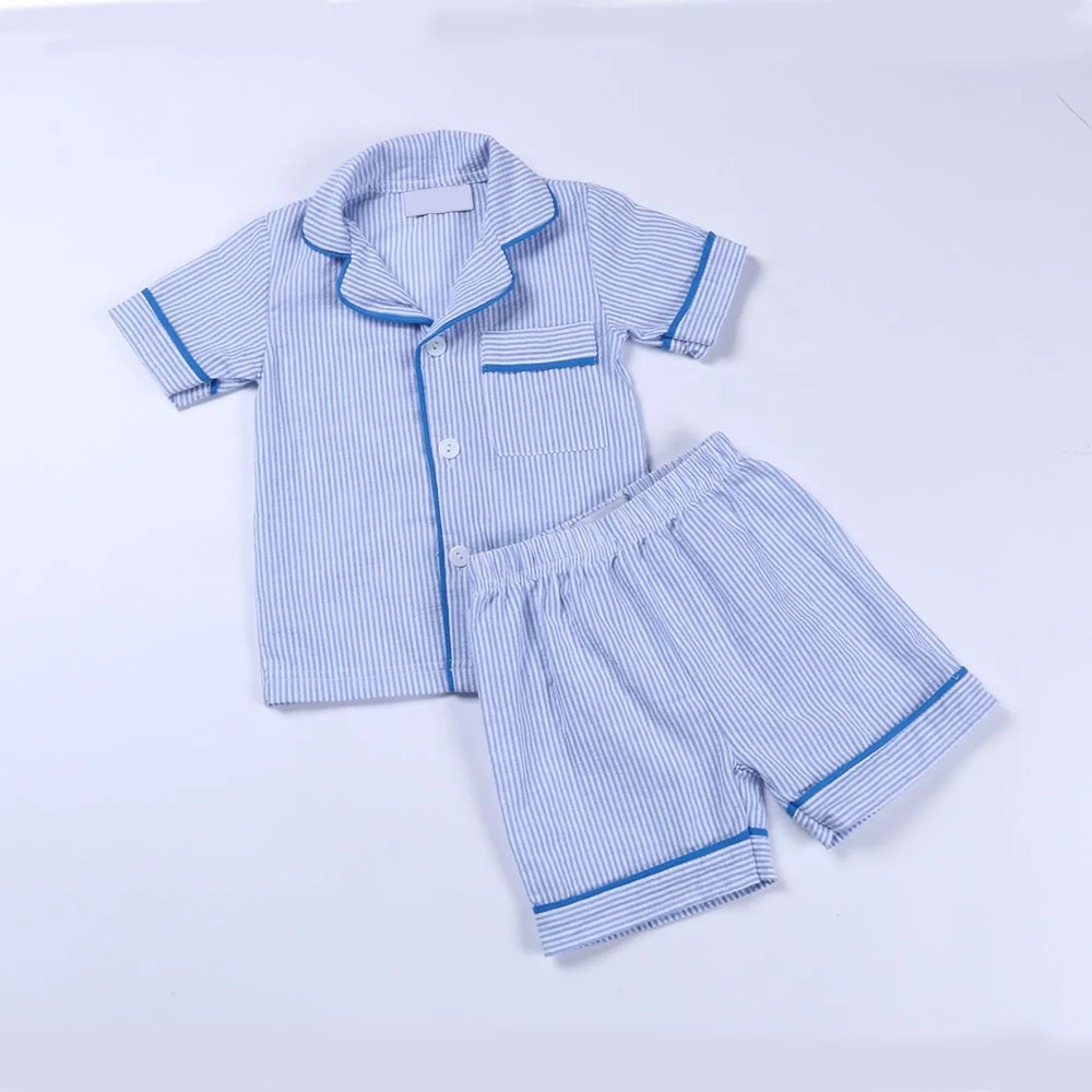 
spring summer short sleeve 100% cotton seersucker buttons up with pocket cheap soft kids boys seersucker pajamas 