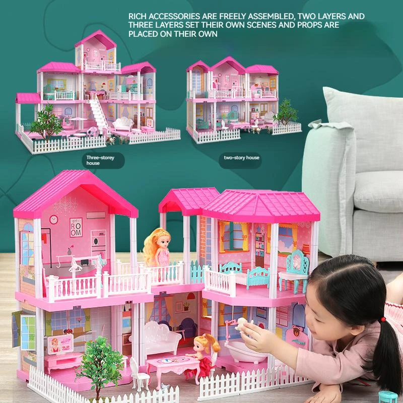 Children Fun Pretend Play House Rooms Princess Villa Accessories Furniture Toy DIY Assembly Gabby Doll House For Girls