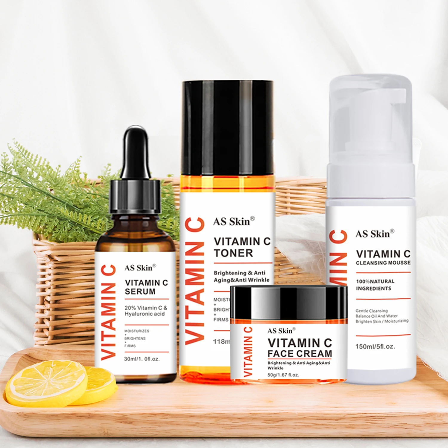 OEM Natural Facial Anti-Aging Wrinkle Whitening Beauty Skincare Private Label Organic Vitamin C Skin Care Set