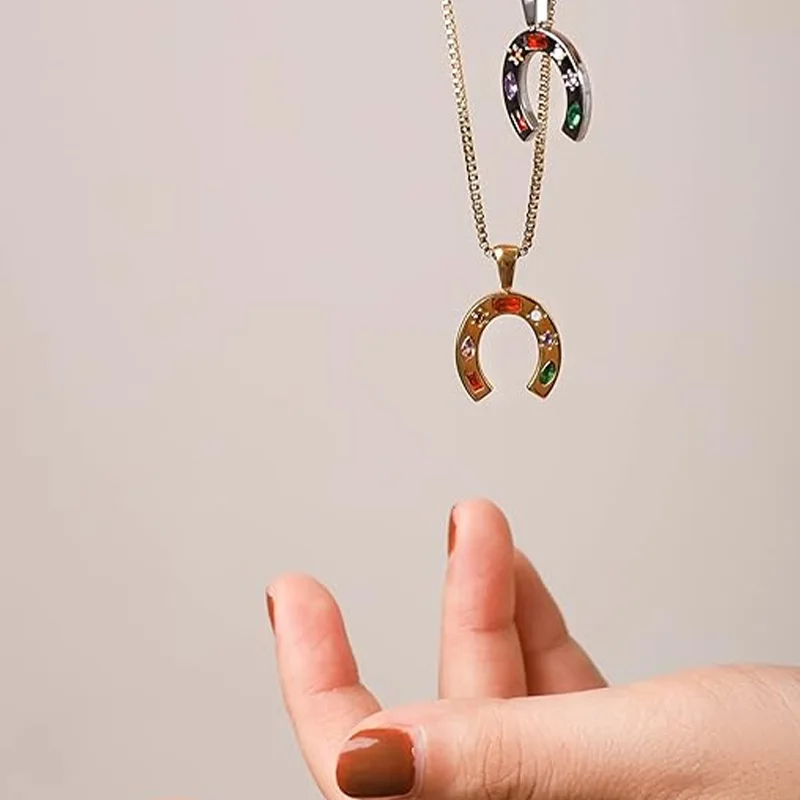 Rainbow zircon U-shaped horseshoe 925 Sterling Silver lucky necklace for Men Women