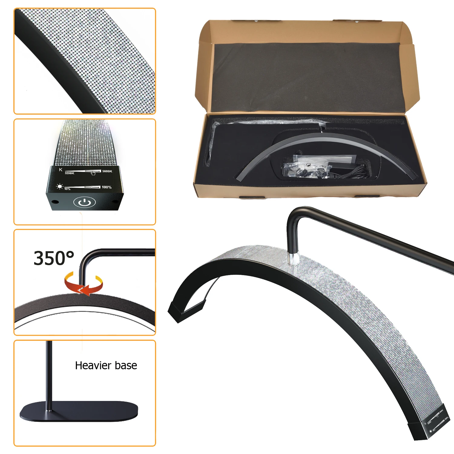 FOSOTO 28Inch Stand Light Led Half-Moon Lamp Crystal EyeLash Light Lash Lamp For Eyelashes Lashes Brown Tattoo Spa Lighting