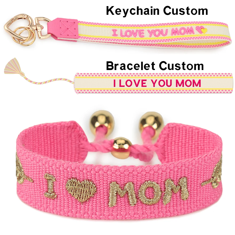 I Heart MOM Embroidery Woven Handmade Tassel Fabric Charm Bracelet and Car Keychain Custom Letter Jewelry