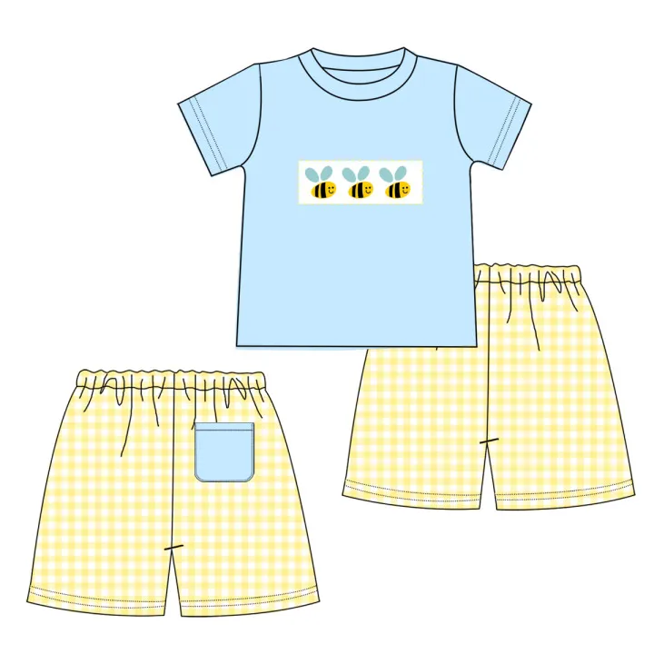 Online customization 1-14 years summer two piece clothes lovely bee applique yellow gingham seersucker boy outfits