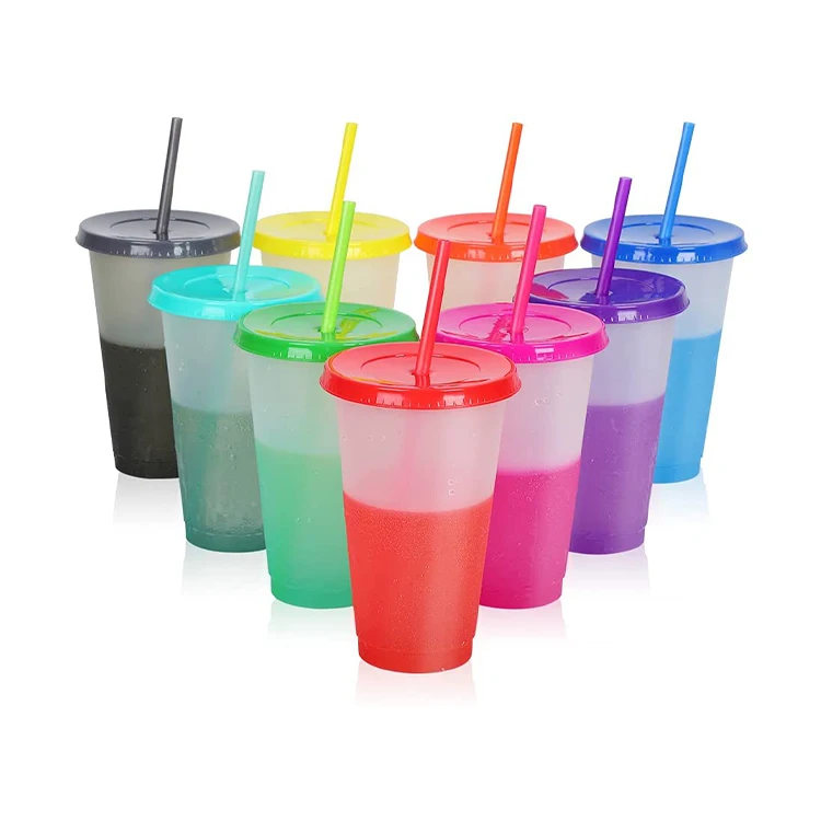 Plastic reusable cold magic drinking temperature change color cup with lid