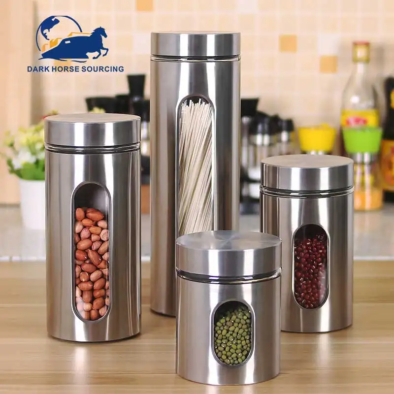 Newest Kitchen supplies sealed visual glass stainless steel food storage jar grains food container jar