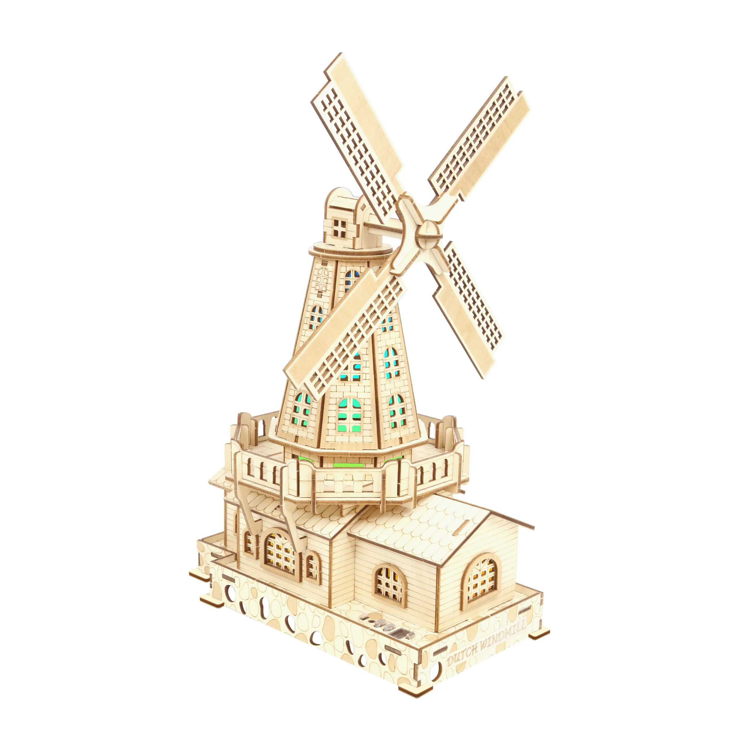 World Famous Architecture Intelligent Assembly Wooden Windmill 3D Model with LED light