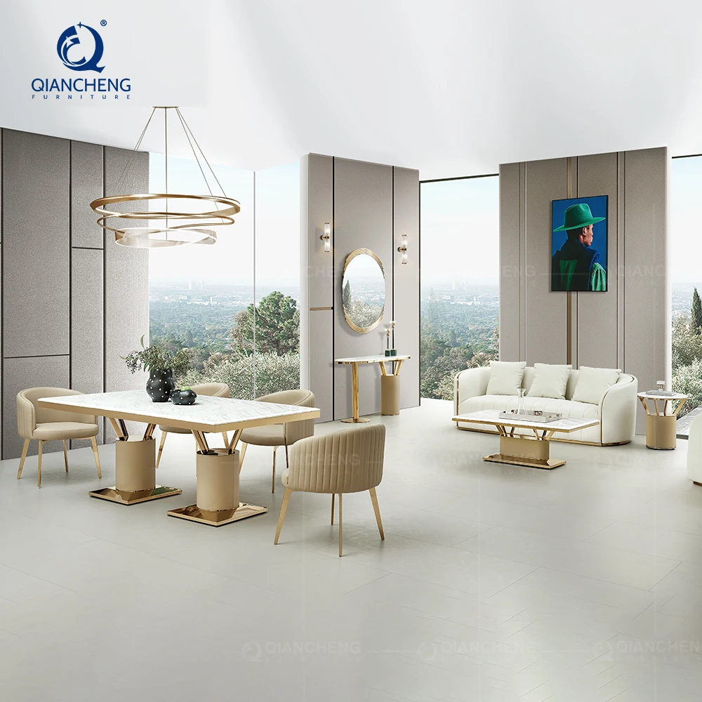 Foshan luxury high end design furniture house dinning room set natural cave stone marble dining table with chair genuine leather