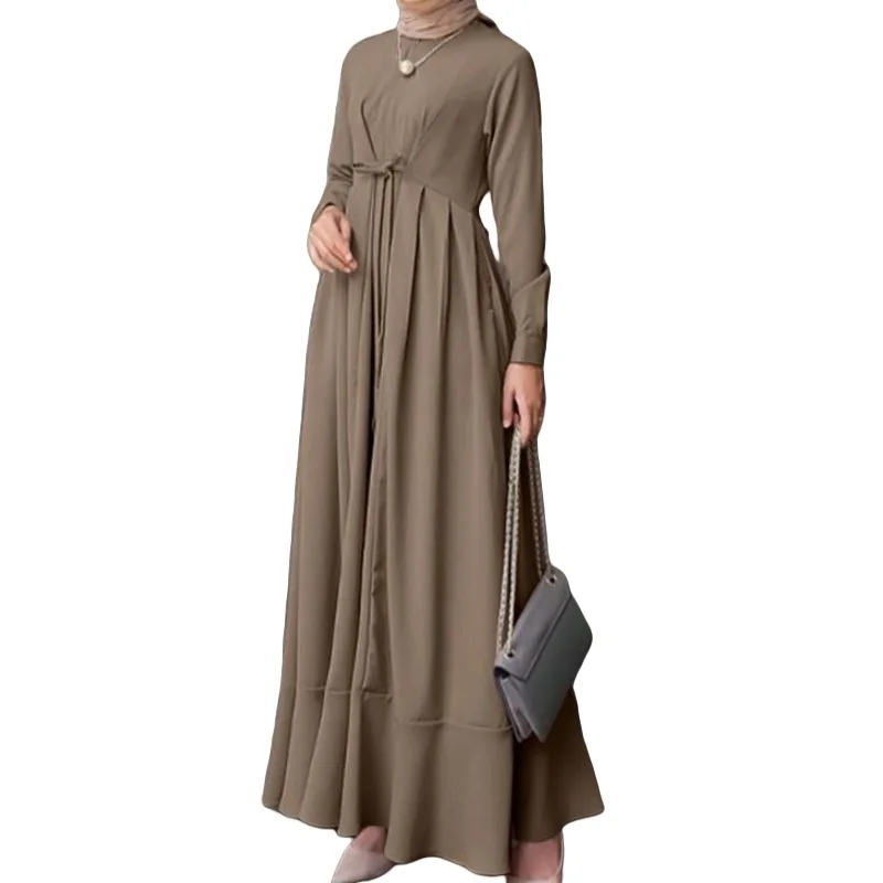 Muslim Arab solid color round neck long sleeve strap design flare sleeves hem dress modern muslim clothing