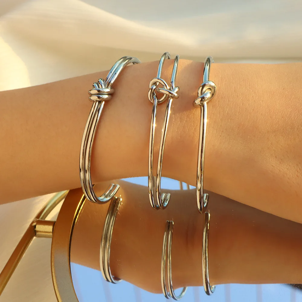 2024 New Style Minimalist Trendy Retro Tarnish Free Stainless Steel 18k Gold Bangle Waterproof Open Cuff Knot Bracelet MK4146