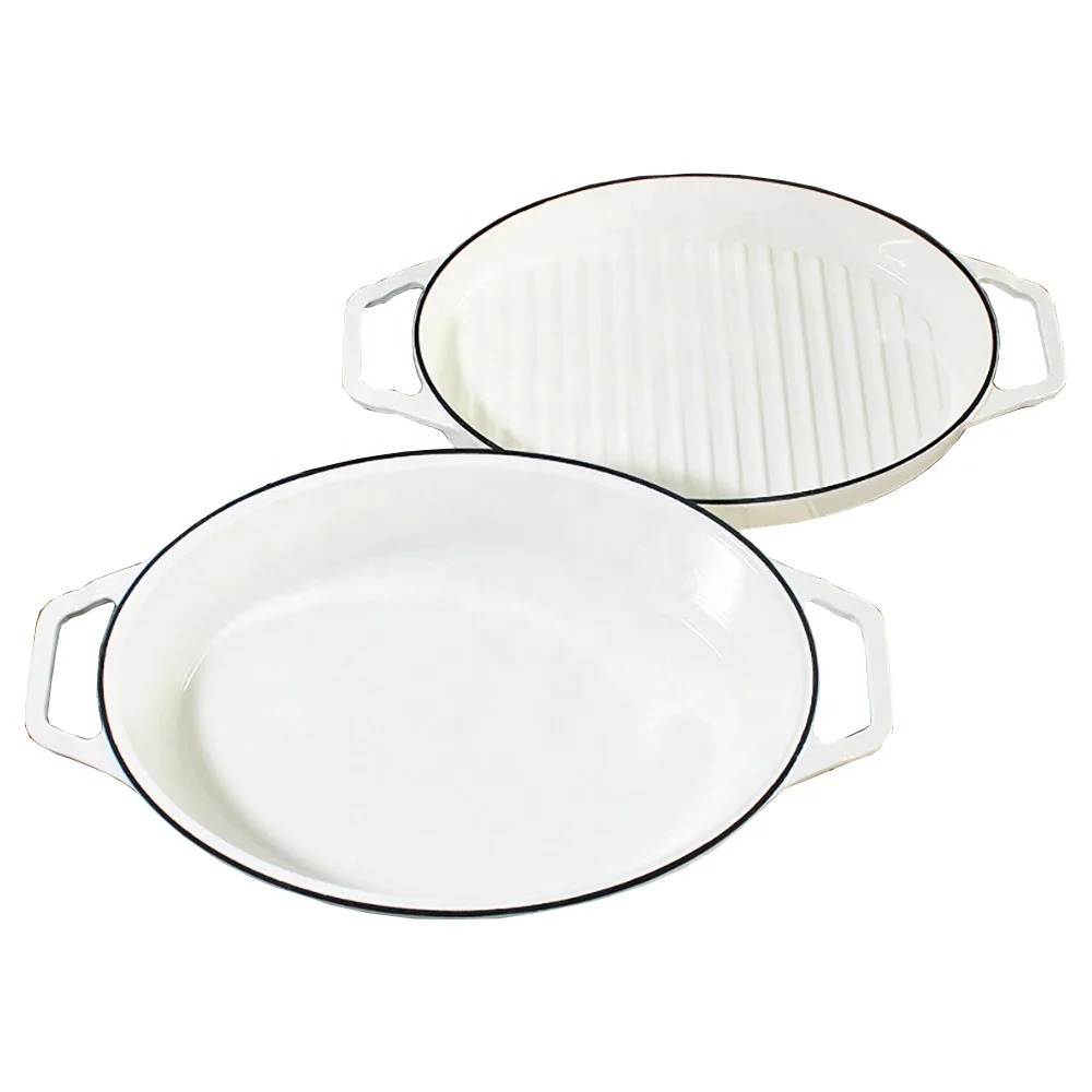 Manufacturer Wholesale White Enamel Cast Iron Casserole Grill Pan Dual-purpose Pot