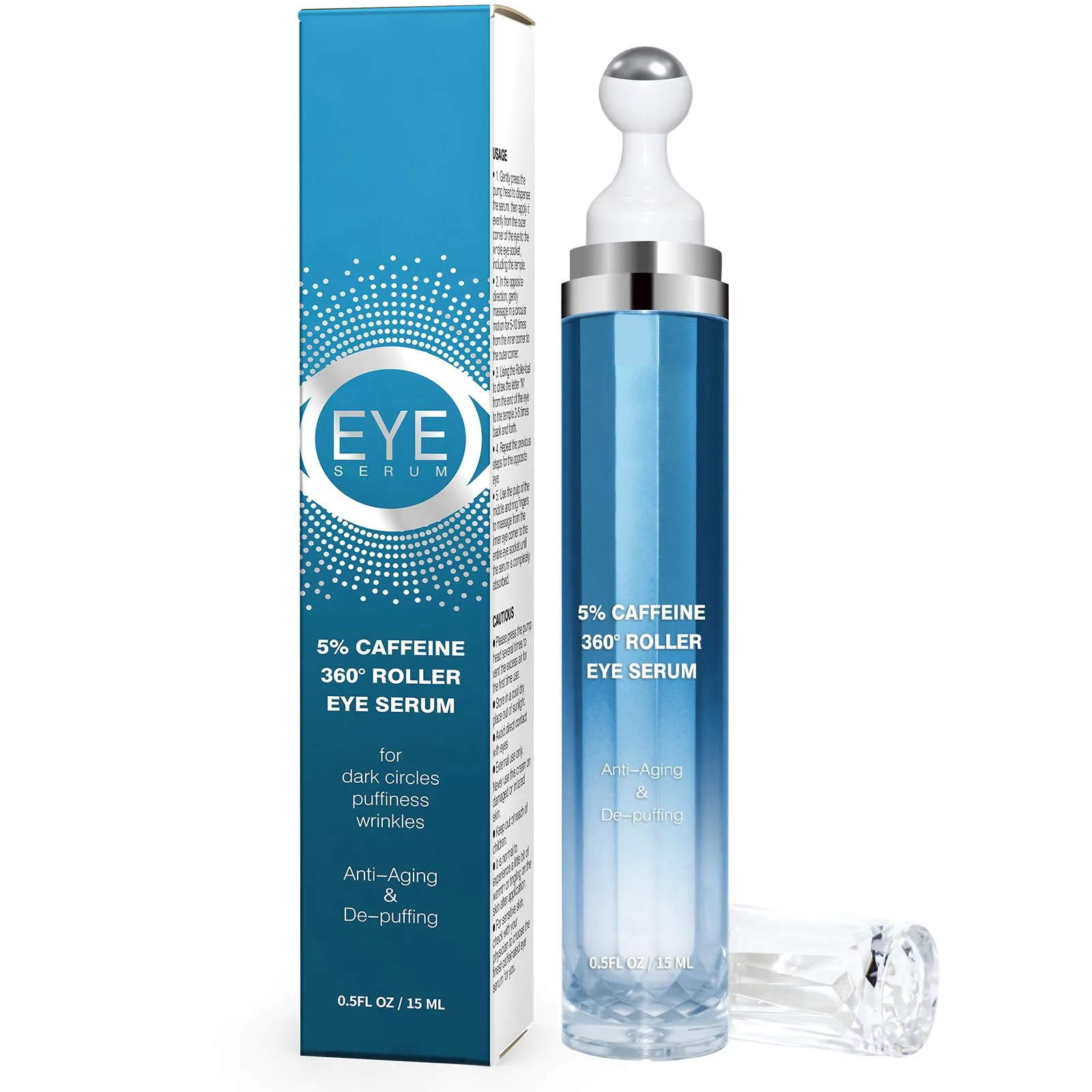 Eye Serum with Caffeine for Puffy Eye Bags Fine Lines Dark Circles Wrinkles Under Eye Cream with Roller Massage Ball