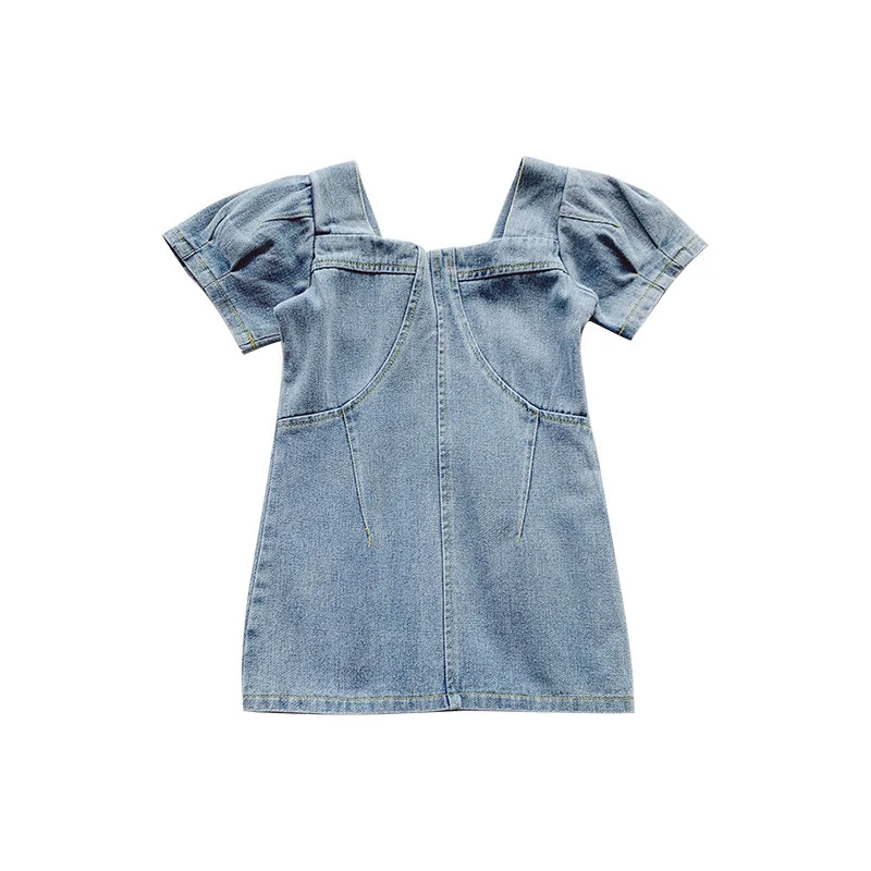 Baby Girls Denim Dress 2022 Summer New Kids U-neck Puff Sleeves Solid Color Denim Skirt Girls Casual Dresses 3-8 Years