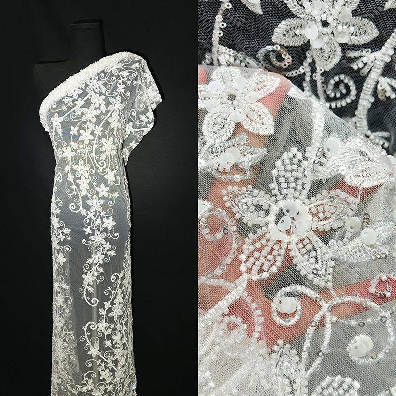 Manufacturer cheap high quality embroidery white lace fabric sequins french lace wedding bridal dress fabric for party