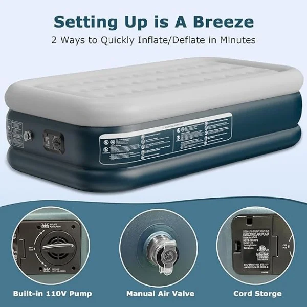 New Self Inflatable Adjustable Portable Air Mattress with Built-in Pump, Flocked Top Layer for Home & Camping Travel